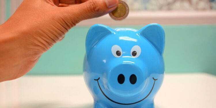 person putting coin in a piggy bank